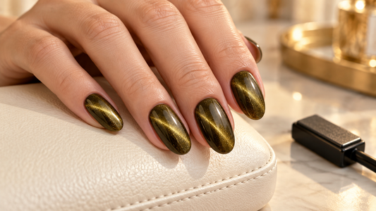 Manicura cat eye en tonos oliva y dorado junto a un imán