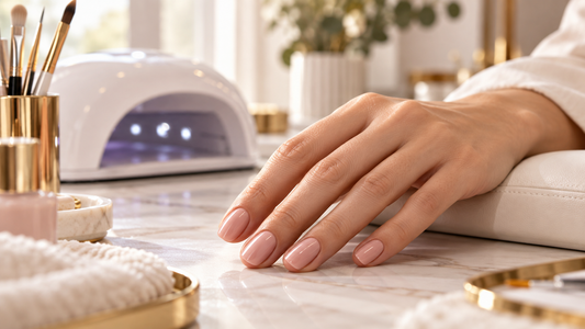 Manicura nude junto a una lámpara UV LED en una mesa de trabajo profesional