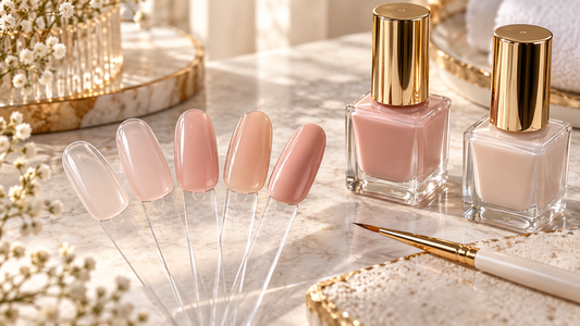 Muestras de bases para uñas en tonos nude y transparentes